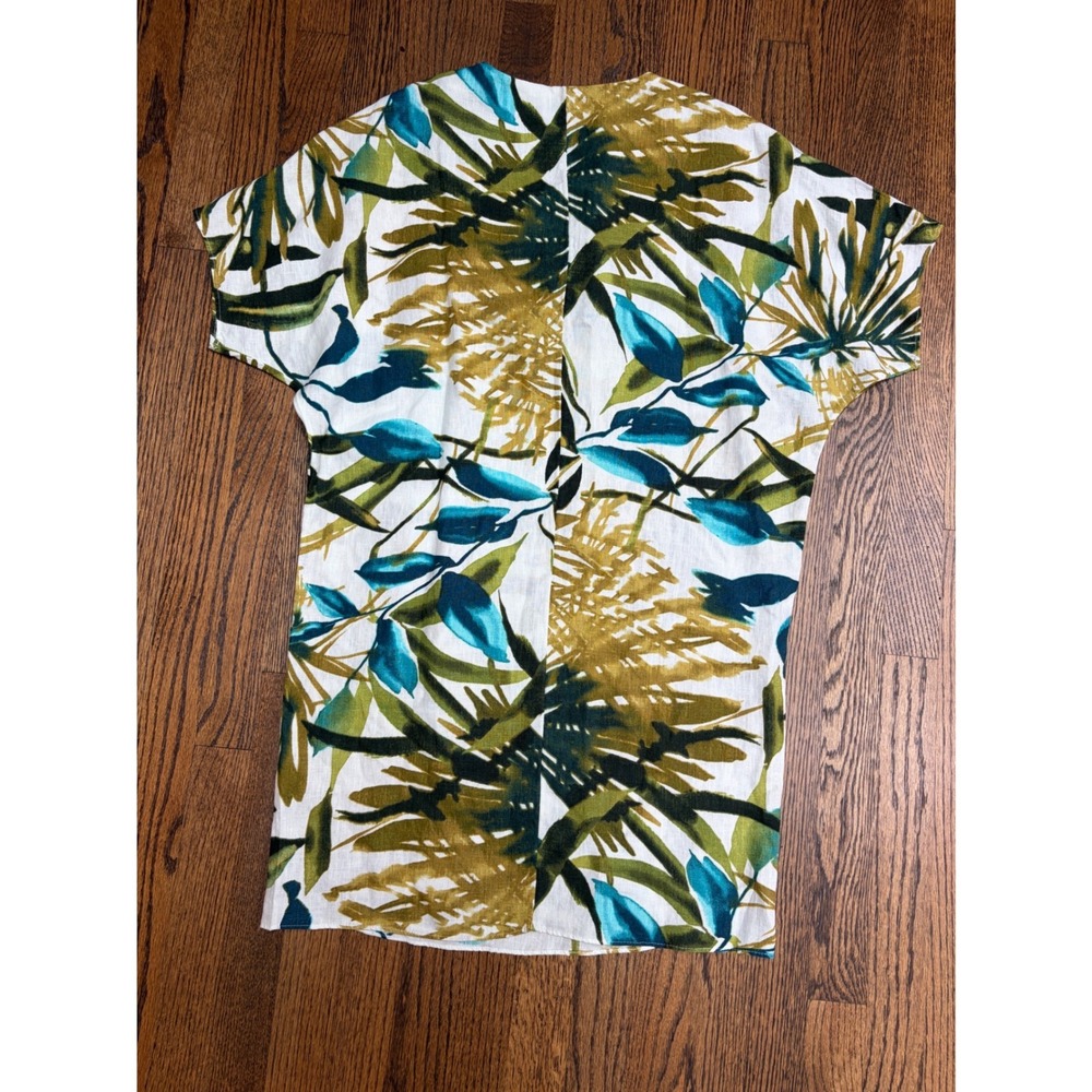 Chico's Linen Tunic Women 0 Small White Green Tropical Palm Leaf V-Neck